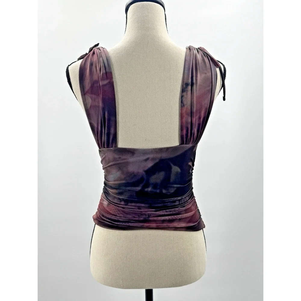 Whimsigoth Windsor Mesh Deep V Ruched Top Small Tie Straps Dark Fairy Romantic - Picture 3 of 8